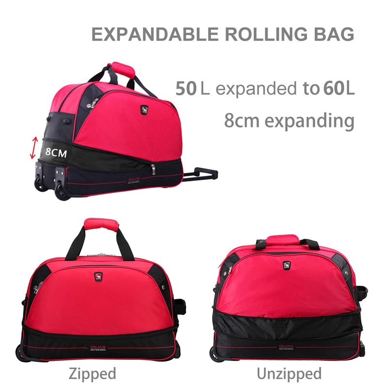 OIWAS Small Rolling Duffle Bag with Wheels, 22 inch Duffel Bag with Wheels Travel Weekend Overnight Carry On Luggage Expandable 50L to 60L Women Men Red - Image 3
